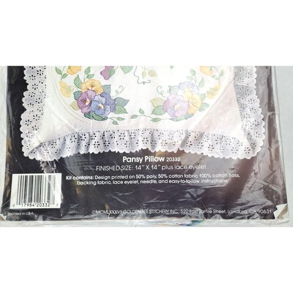 Vintage Stamped Cross Stitch Pillow Kit Pansy Golden Bee Lace 20332 Flower Craft - Picture 5 of 6